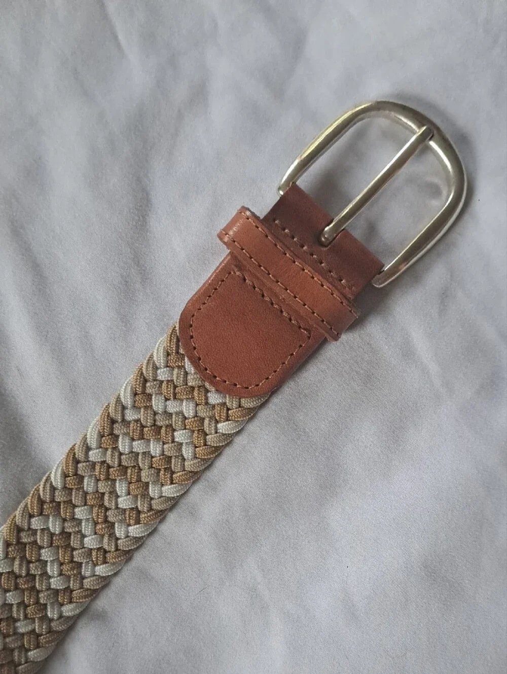 Stretchy Braided Adjustable Belt W/ Leather Trim And Solid Brass Buckle Size 34